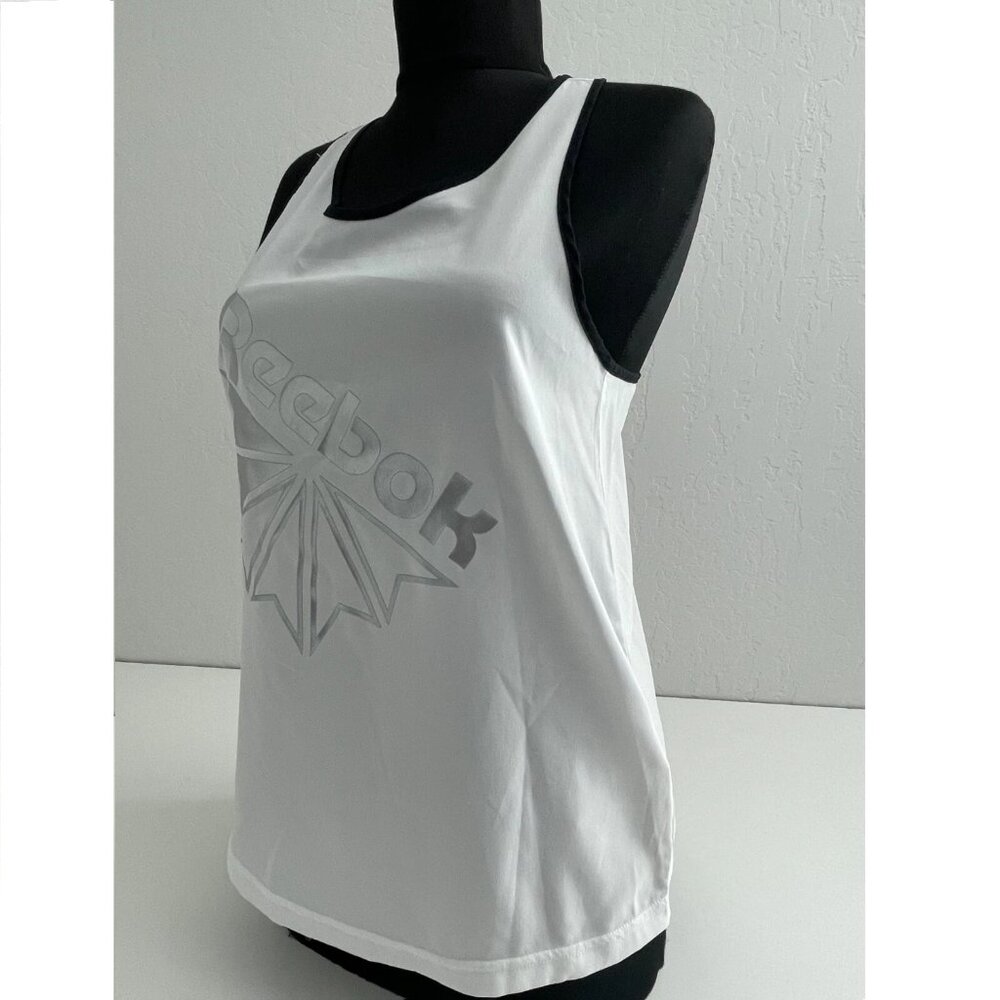Reebok Classics Side Stripe Piped Sport Workout Tank Top White/Black/Metallic XS